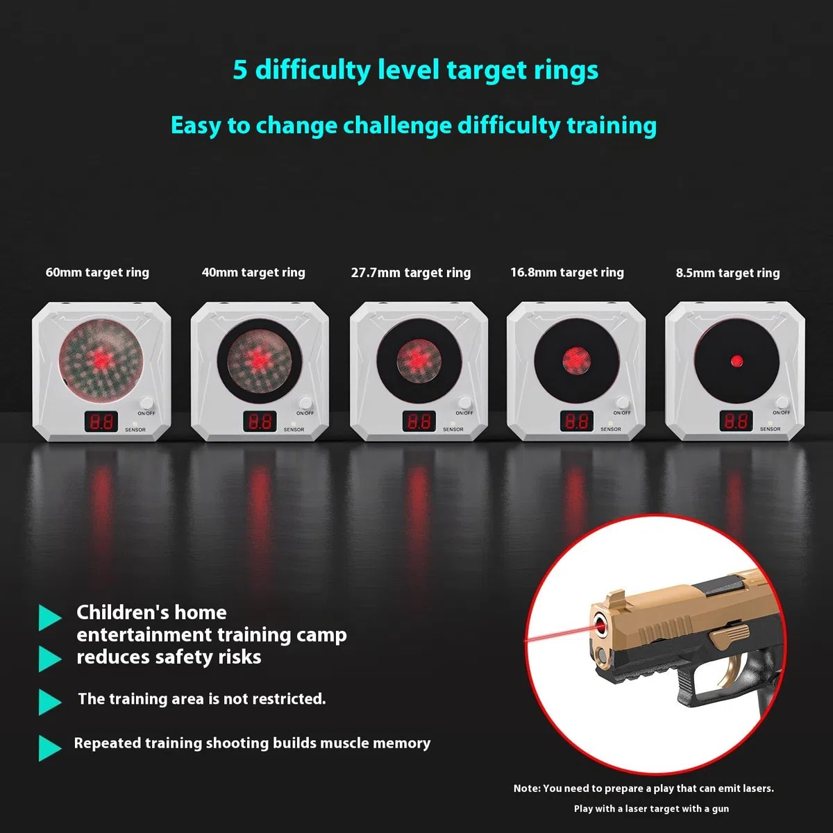 Cartuchos de Entrenamiento láser de 9 mm, Sistema de Tiro en seco con Blanco electrónico, Entrenamiento de eficaz, portátil y fácil de Instalar, Juego de en Interiores.