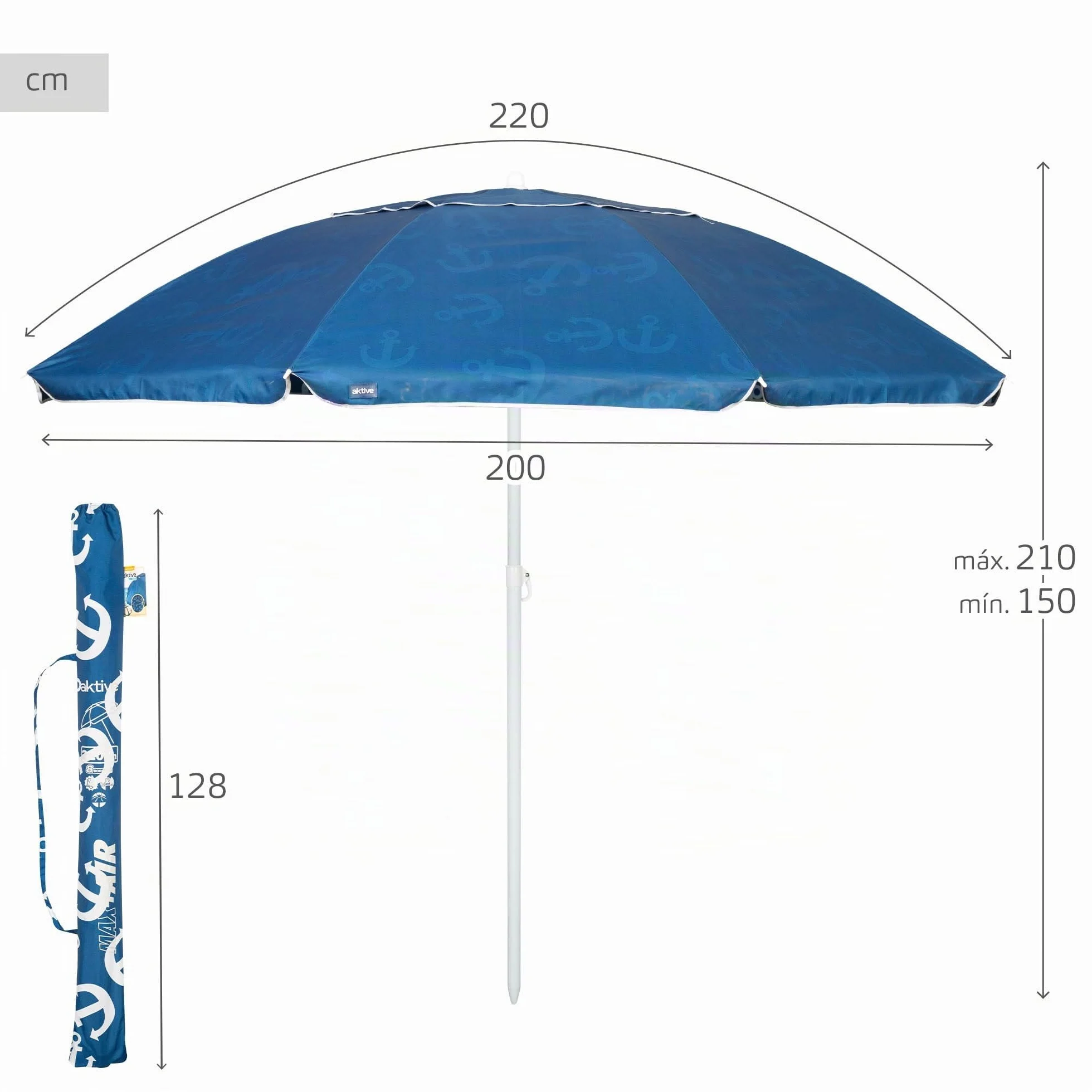 AKTIVE Sombrilla playa 220 cm azul estampado anclas mástil acero inclinable ventilación superior protección solar UV30 bolsa transporte