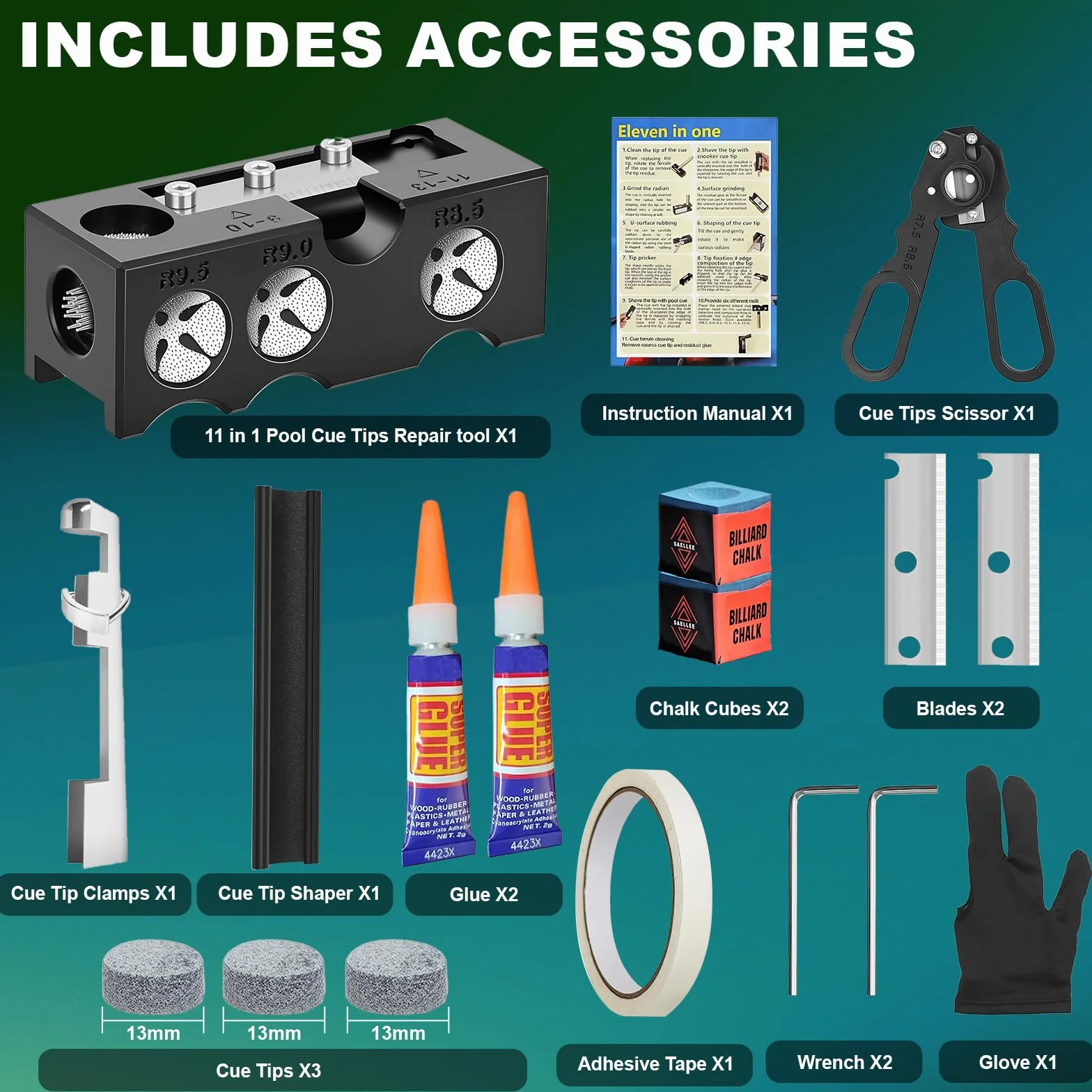 Kit de repuesto para tacos de billar 11 en 1, kit de reparación de tacos de billar, kit de reparación de tacos de billar, kit de repuesto de puntas de palo de billar, accesorios para tacos de