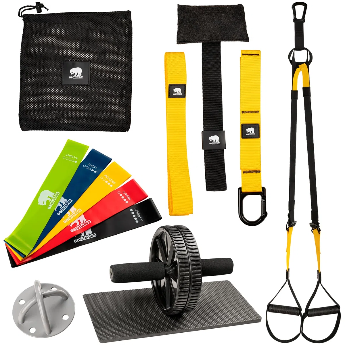 Entrenamiento en suspensión (incluye anclaje de pared y puerta), rueda abdominal y bandas elásticas de musculación. Gimnasio en casa con rodillo abdominal, cintas elásticas musculación y cuerdas