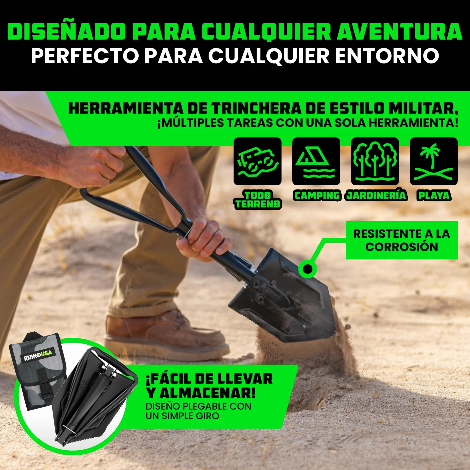 Rhino USA Pala Plegable con Pico - Pala eTool Plegable de Acero Robusta para Playa, Camping, Jardinería y más - Herramienta de Excavación Militar Táctica para Tierra, Arena, Barro y Nieve