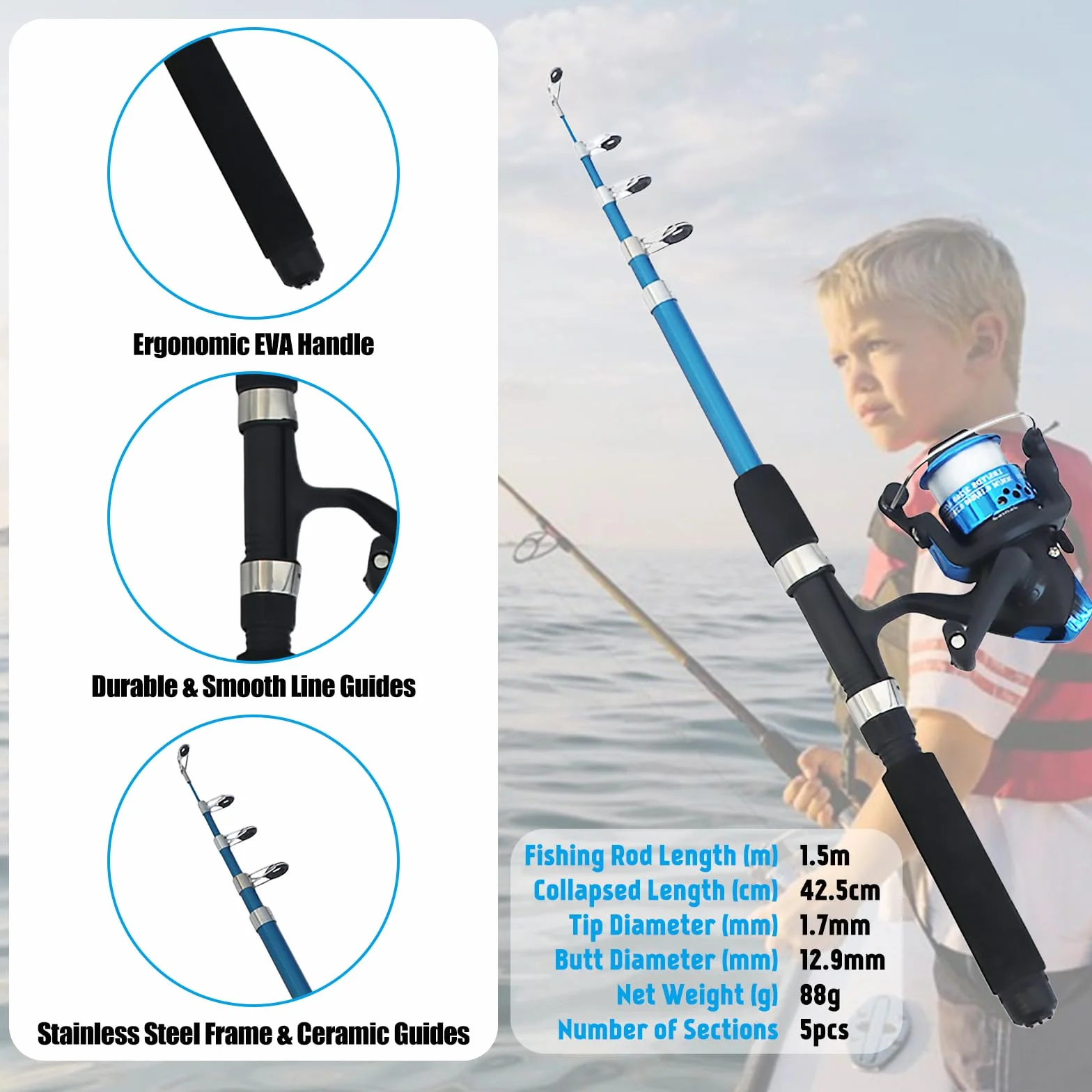 Juego de pesca completo para principiantes, para niños, 1,5 m, con carrete, caja de cebo azul, caña de pescar telescópica y bolsa de transporte, set de accesorios de pesca para principiantes