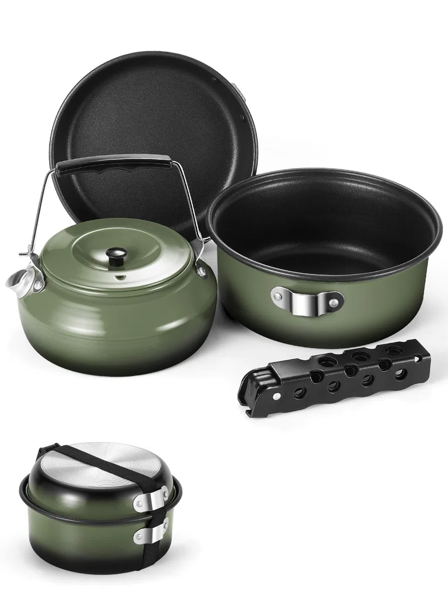 Odoland Juego de 5 Utensilios de Cocina para Camping, antiadherentes, Ligeros, con un Mango extraíble, mochileros, Camping, Senderismo y Picnic, Color Verde
