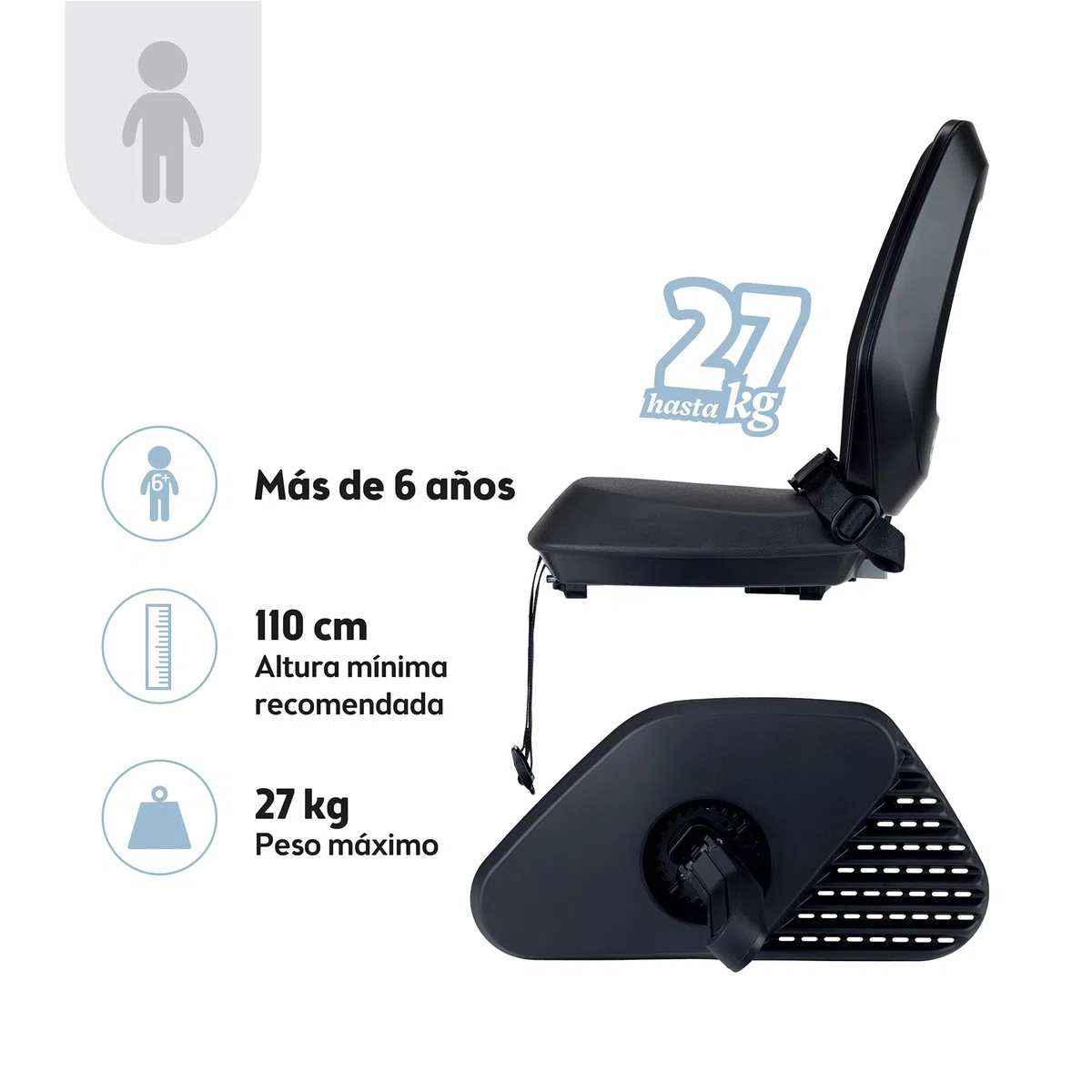 BOBIKE 8011900001 - Silla Bicicleta Trasera para Portaequipajes MIK-HD One Junior, Niños Desde 6 Años, hasta 27 kg, con Reposapiés Retráctiles, Cinturón de Seguridad, Negro