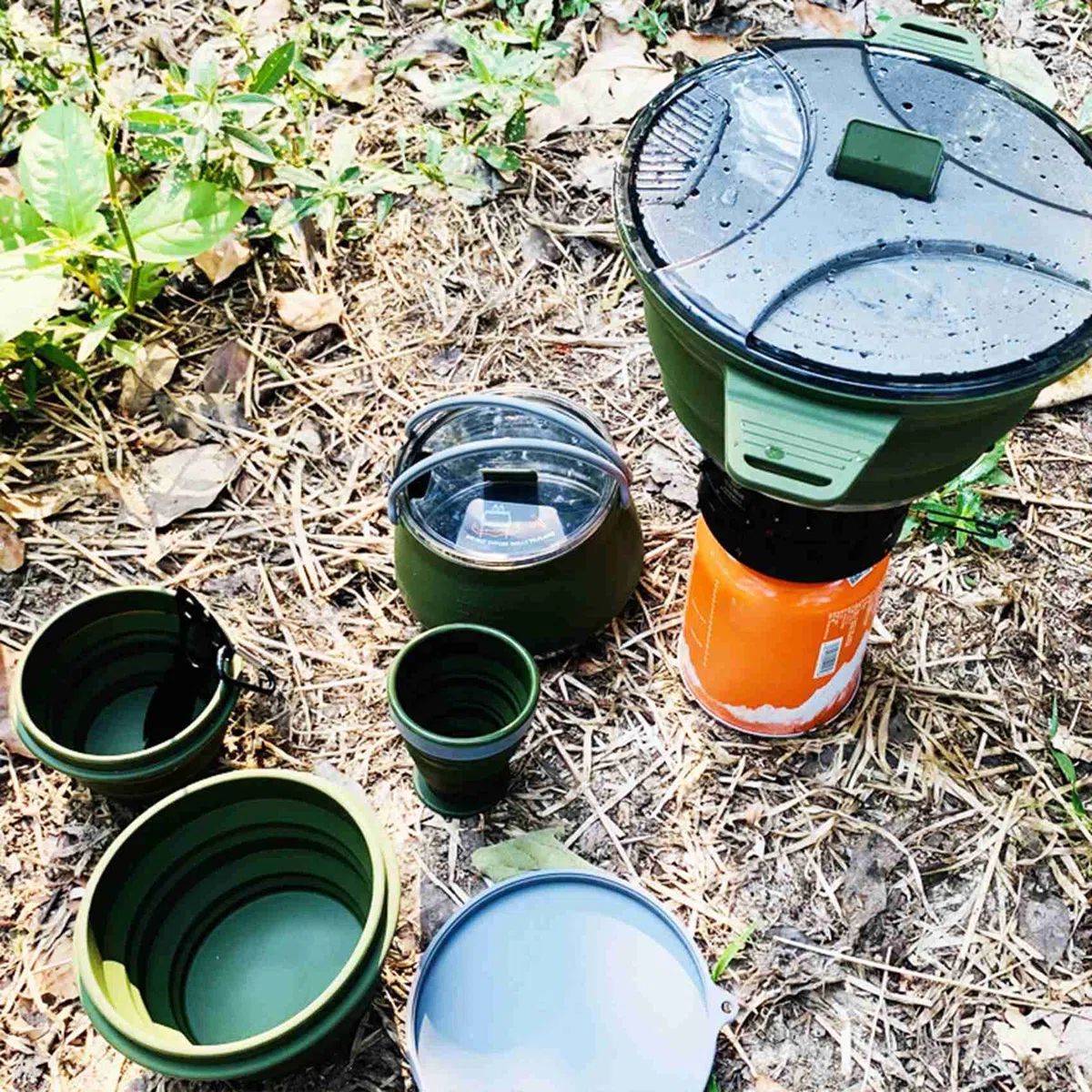 Olla Plegable para Exteriores Olla de Silicona para Senderismo Olla de Picnic PortáTil Olla de Camping de Acero Inoxidable,Verde
