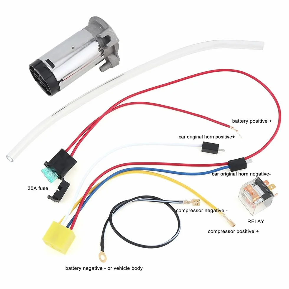 NEWFUN Bocina Aire Comprimido, Bocina Camion, Claxon Coche 12v Potente, Bocinas Musicales, para Coche Camión Coche Triciclo Barco Tren Etc （ Compresor ya Incluido en el Kit）