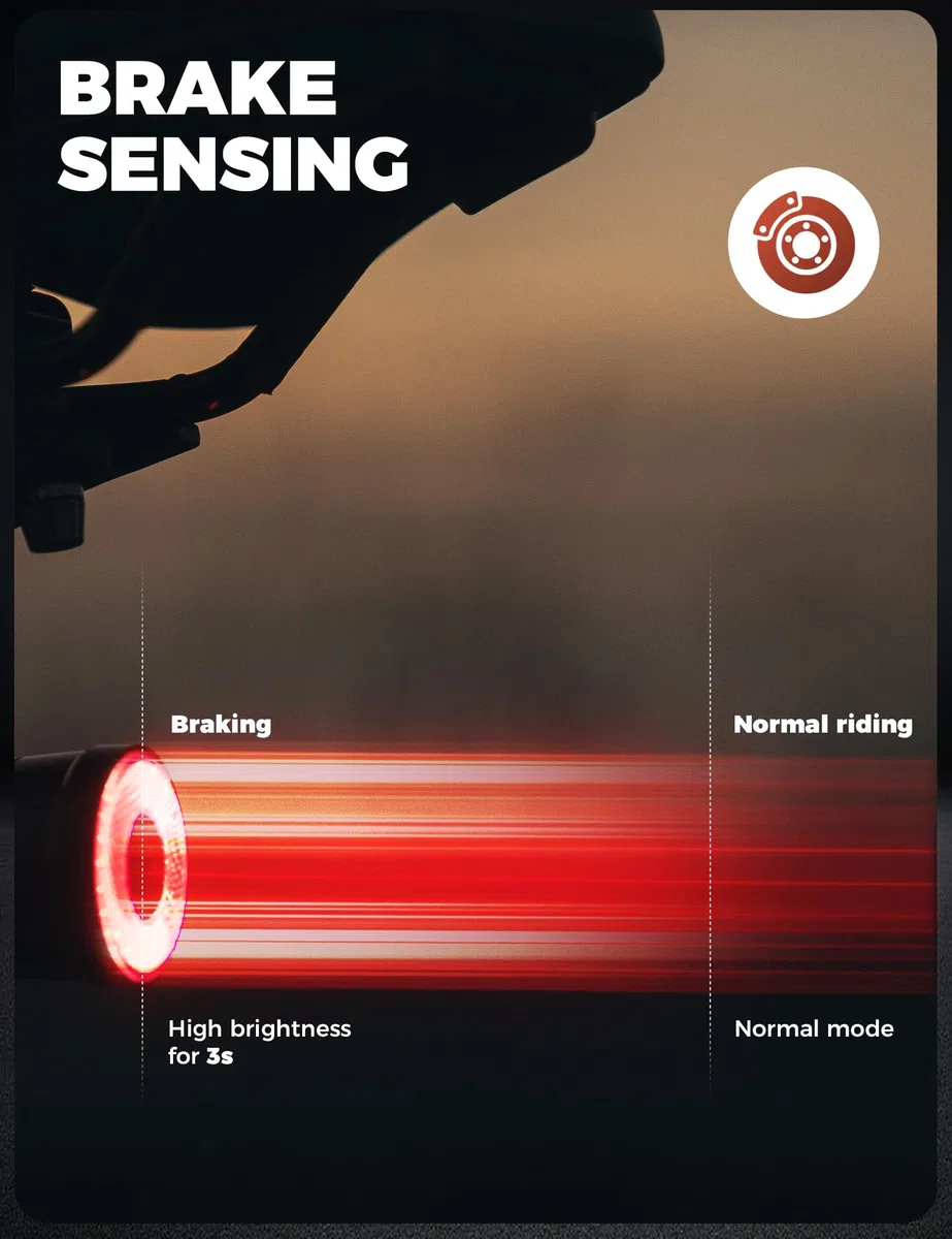 ROCKBROS Luz Trasera de Bicicleta Inteligente con Sensor de Frenado, Luz de Seguridad USB Recargable Impermeable IPX6, Aleación de Aluminio, 4 Modos de Iluminación para Seguridad Nocturna en Ciclismo