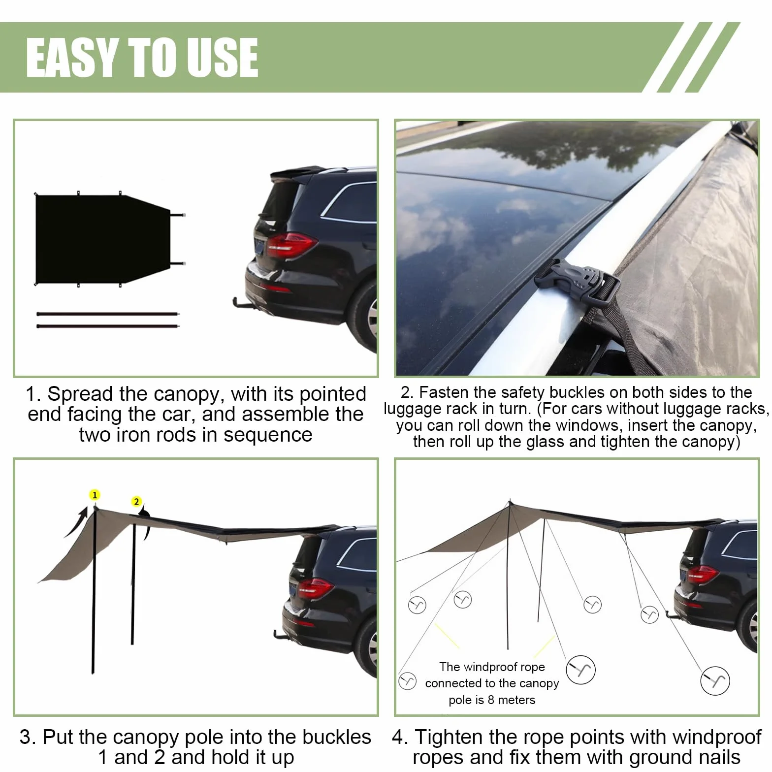 Toldo universal impermeable para coche 200-300 cm protección UV+50 con barras y refuerzos