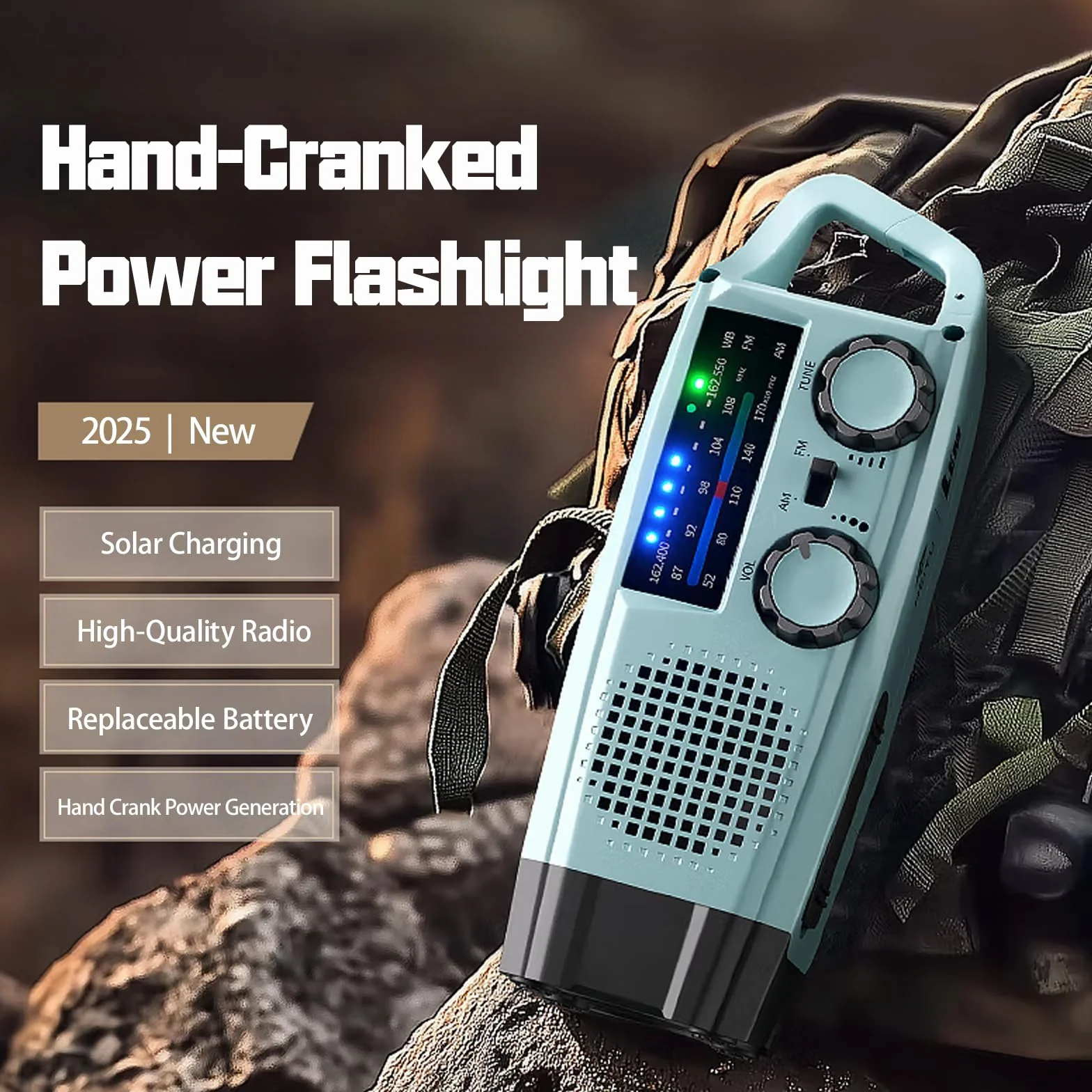 Radio de Emergencia Portátil, FM/Am Emergency Radio con Solar Recargable y Dinamo con Manivela con Linterna LED 2000mAh Powerbank SOS Alarma USB para Camping al Aire Libre