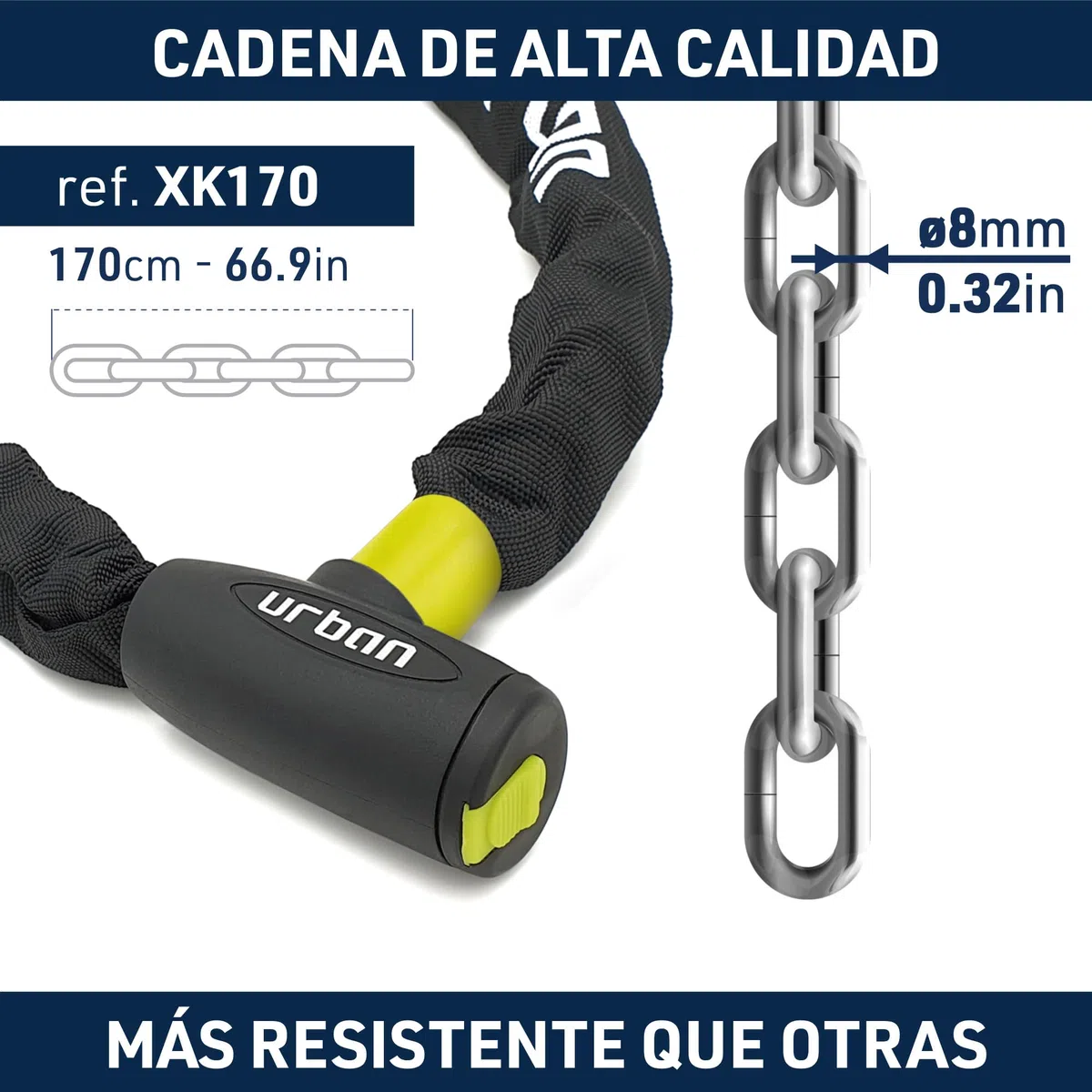 URBAN XK170 Candado Bicicleta Antirrobo, Cadena 170cm de ø8mm Acero Endurecido Cerradura Alta Seguridad, Más Longitud Más Opciones Fijación, Antirasguños, Antirobo Versátil para Bici, Moto o Scooter