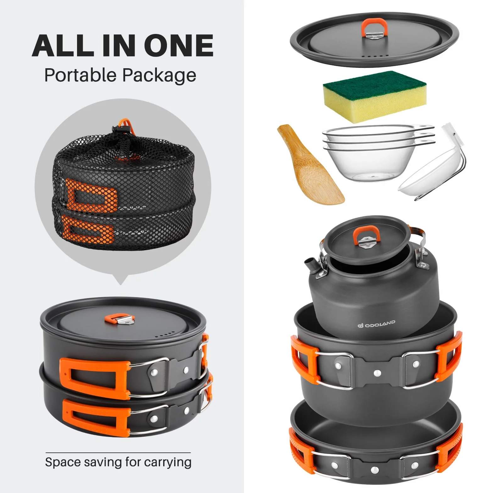 Odoland Utensilios de Cocina para Camping para 1-3 Personas, Ollas Sartén Hervidor de Camping, para Camping Senderismo Excursiones Cocina Outdoor y Picnics, Ollas 2.9L + Sartén 0.9L + Hervidor 1.6L