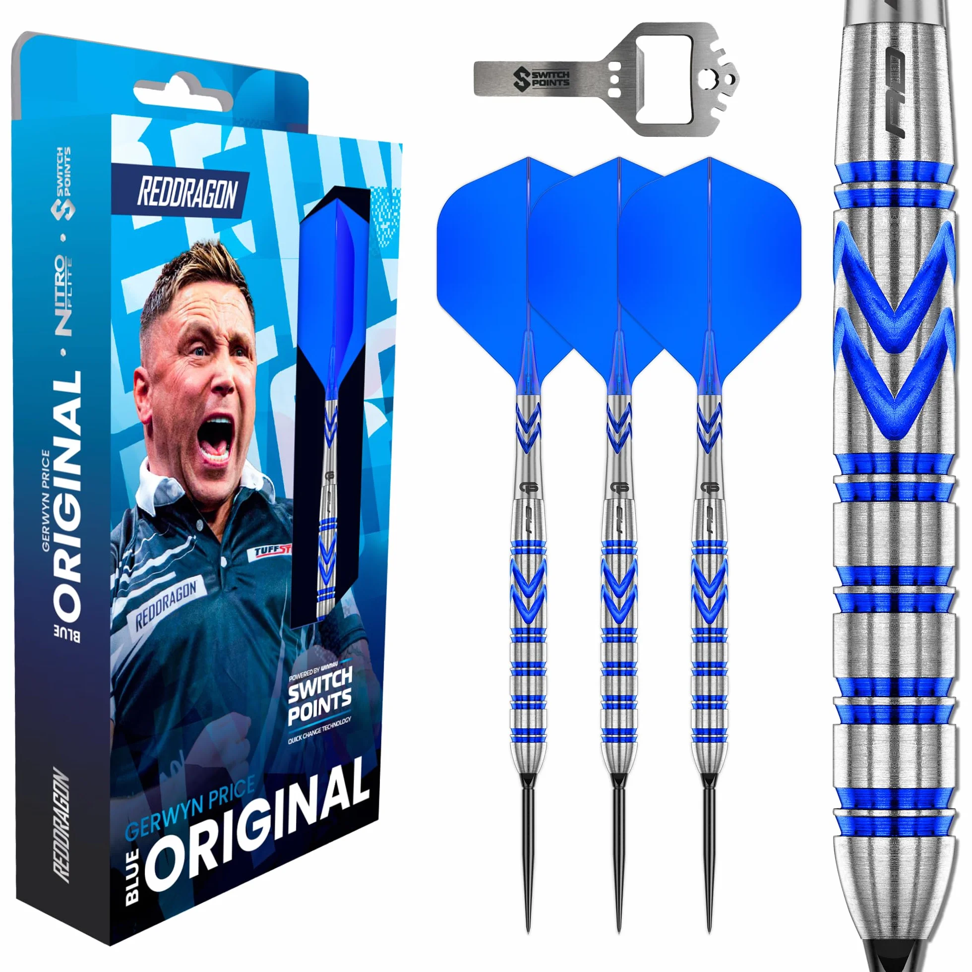 RED DRAGON Dardos Gerwyn Price Original | Gerwyn Price Original Switch Points - Juego de dardos de 90% tungsteno - Nitro Flite integrado vuelo/eje, plumas de dardos y tallos | Dardo de 24 g