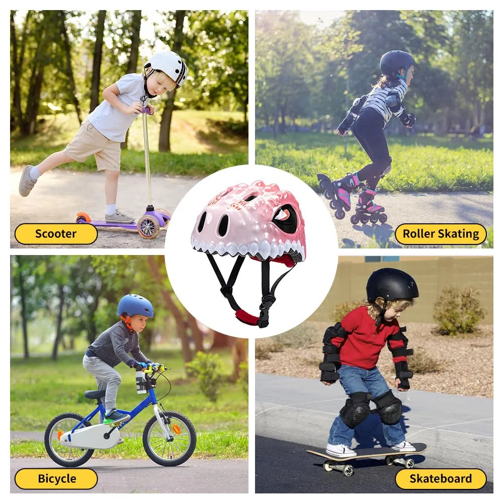Casco de Bicicleta Ajustable, Casco Deportivo Ligero y Transpirable, Lindo Casco de Bicicleta con diseño de Dinosaurio para Bicicleta, patineta, Scooter, Patinaje (Rojo y Amarillo)