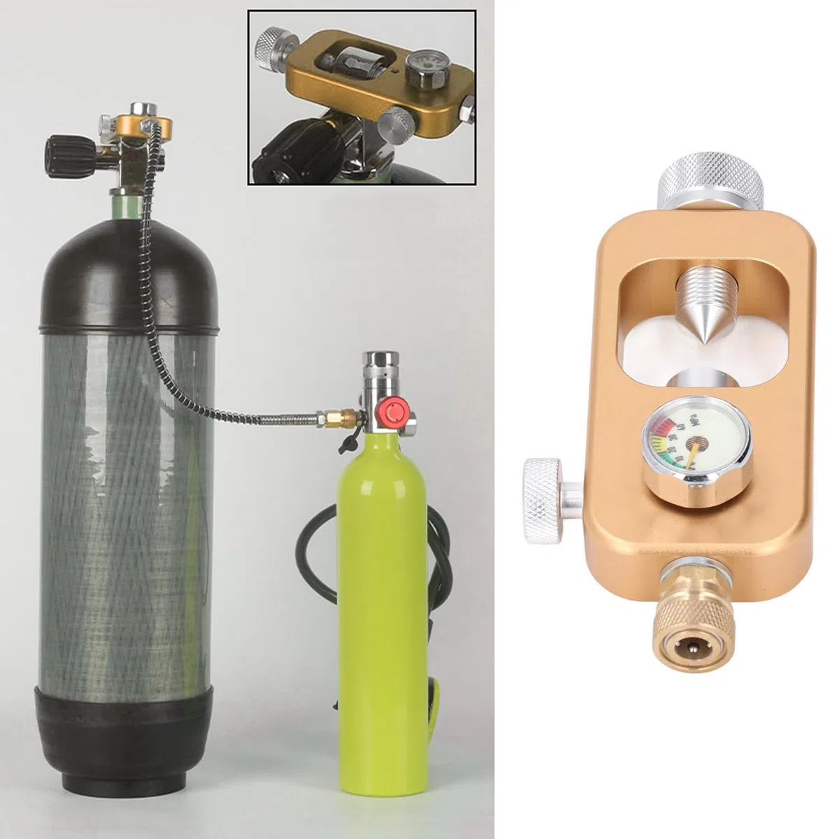 Adaptador Tanque Recarga Buceo, Adaptador de Alta Presión de 30 MPA con Manómetro, Aleación de Aluminio para Paintball, Rifles de Aire PCP, Botellas de Buceo, Compatible con Válvulas K/J/H