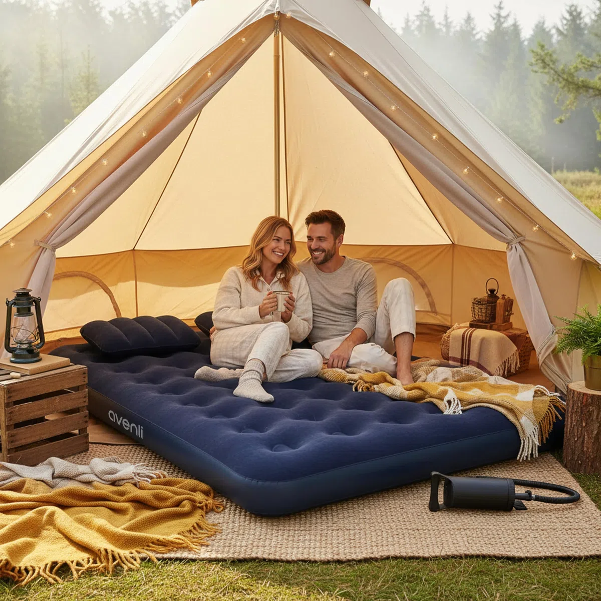 AVENLI Colchón Hinchable Queen-Size 203x152x22 cm, 2 Personas, Coil-Beam, con Bomba y 2 Almohadas, hasta 300 kg, Azul, Camping Cama supletoria Exterior – colchón Hinchable para 2 Personas