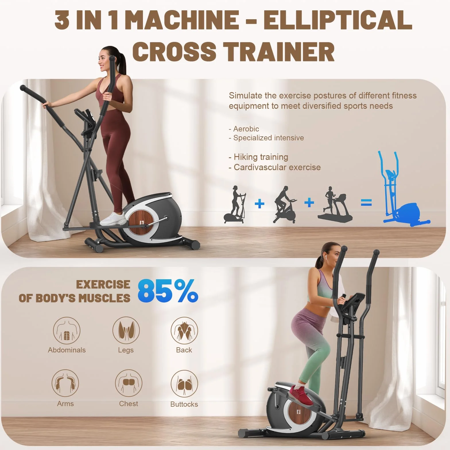 Bicicleta Elíptica para Casa, Máquina Elíptica Magnética Ultra Silenciosa con 16 Niveles de Resistencia, Monitor LCD, Pedal Antideslizante, Capacidad de Carga 265 LBS Fitness Elíptico