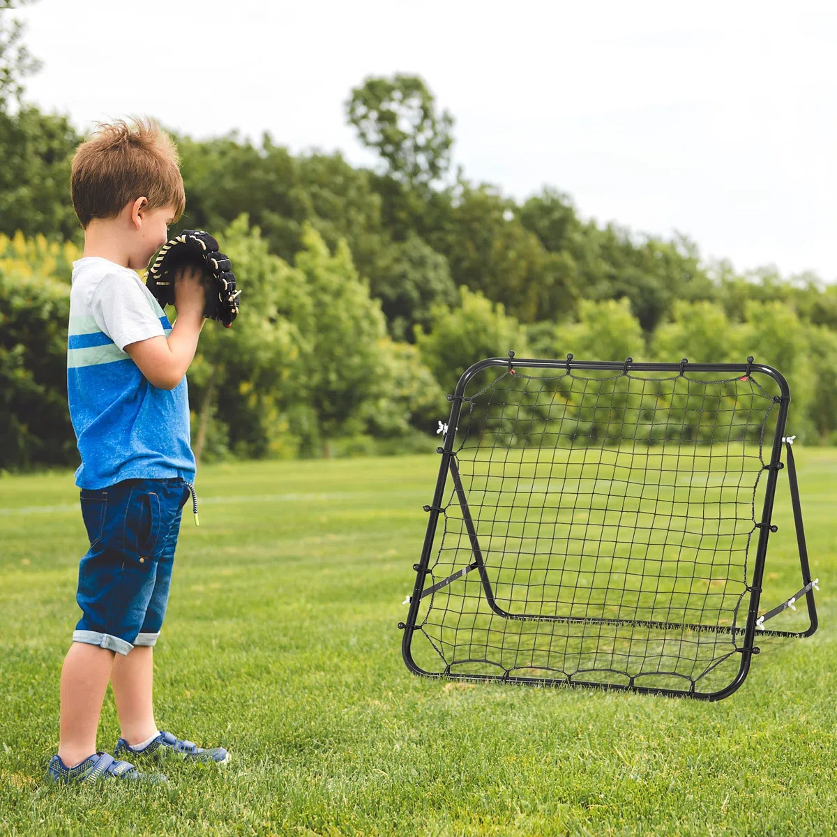 HOMCOM Red de Béisbol Red de Rebote Reboteador de Metal con Ángulo Ajustable y 20 Cuerdas Elásticas para Entrenamiento de Fútbol Tenis Deportes 96x80x96 cm