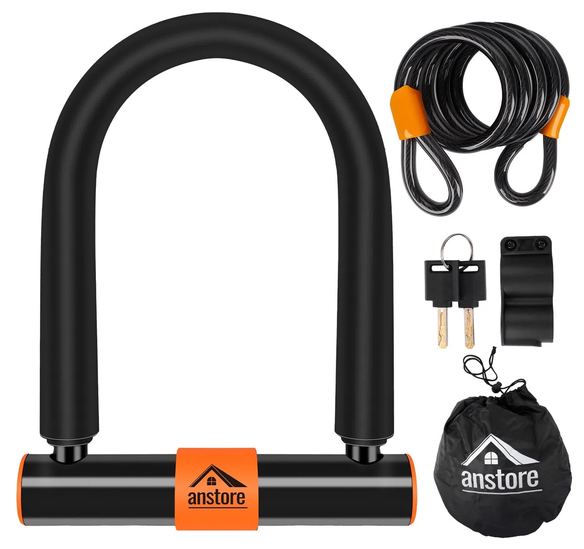 Candado U,Anstore Candado para Bicicleta con Cable, Candado en U con 2 llaves para Bicicleta de Carretera, Bicicleta de Montaña, Bicicleta