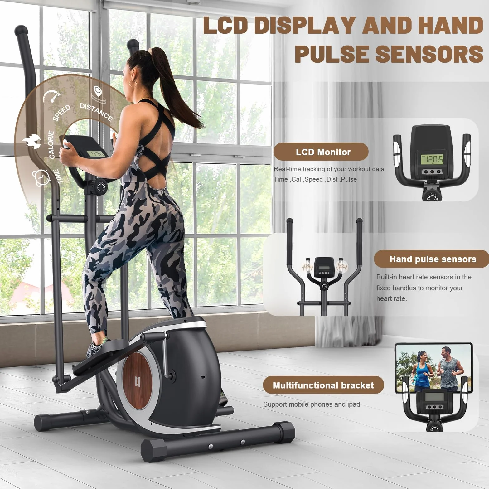 Bicicleta Elíptica para Casa, Máquina Elíptica Magnética Ultra Silenciosa con 16 Niveles de Resistencia, Monitor LCD, Pedal Antideslizante, Capacidad de Carga 265 LBS Fitness Elíptico