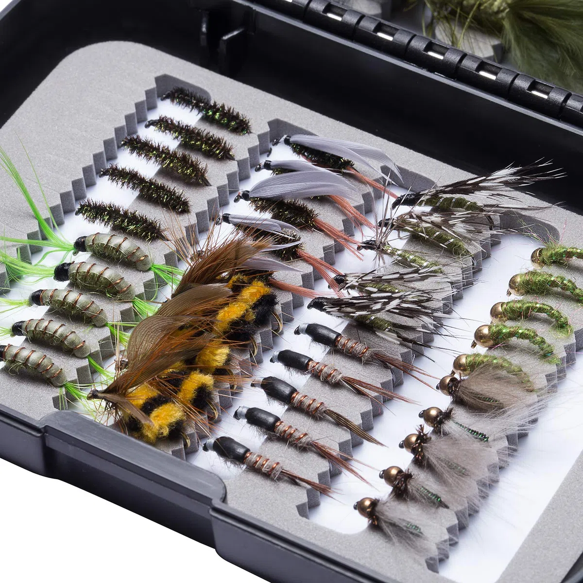 BASSDASH Kit de Moscas de Pesca con Mosca, Surtido de Moscas, Pesca de lubina con Caja de Moscas, 36/64/72/76/80/96 Piezas con Moscas secas/húmedas, ninfas, serpentinas, Popper