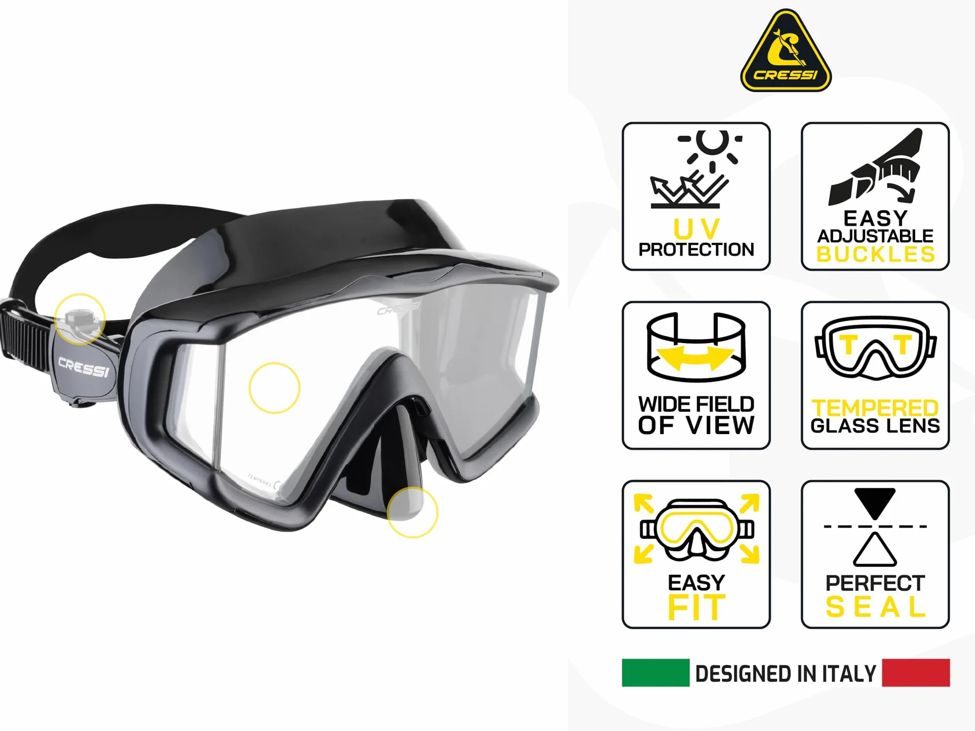 Cressi Liberty Triside Mask -Máscara Panoramic de 3 Cristales para Buceo, Apnea y Snorkel, Talla Única, Unisex Adulto