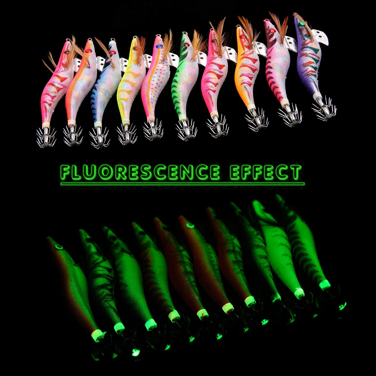 Señuelos de pesca de langostinos luminosos con gancho de madera para pesca de camarones y camarones, 10 unidades
