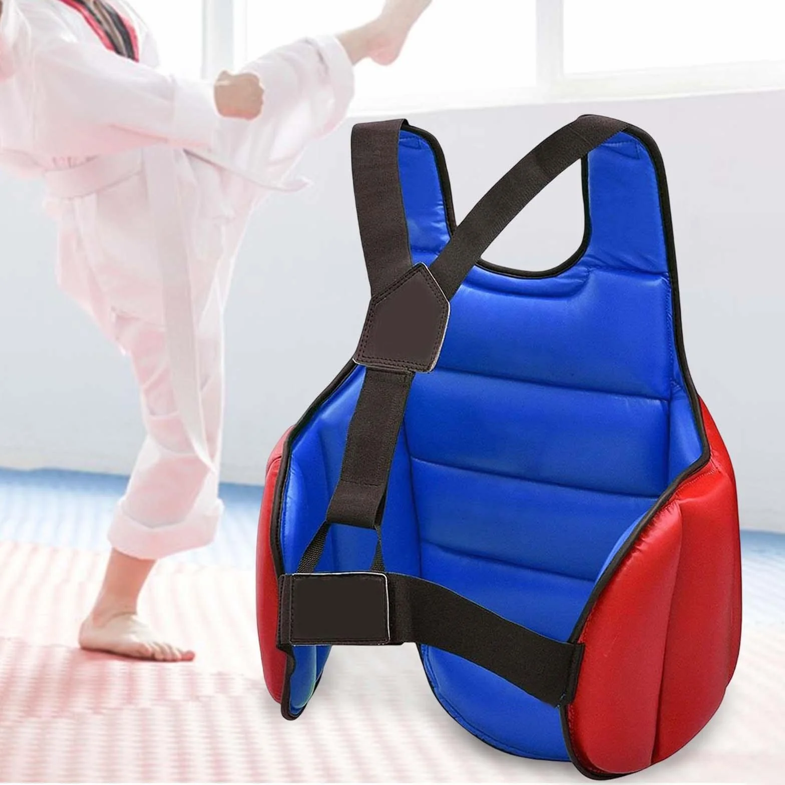 Rockible Protector de Pecho de Karate, Almohadilla de Protección de Escudo Ajustable para Taekwondo MMA, Rojo Azul S