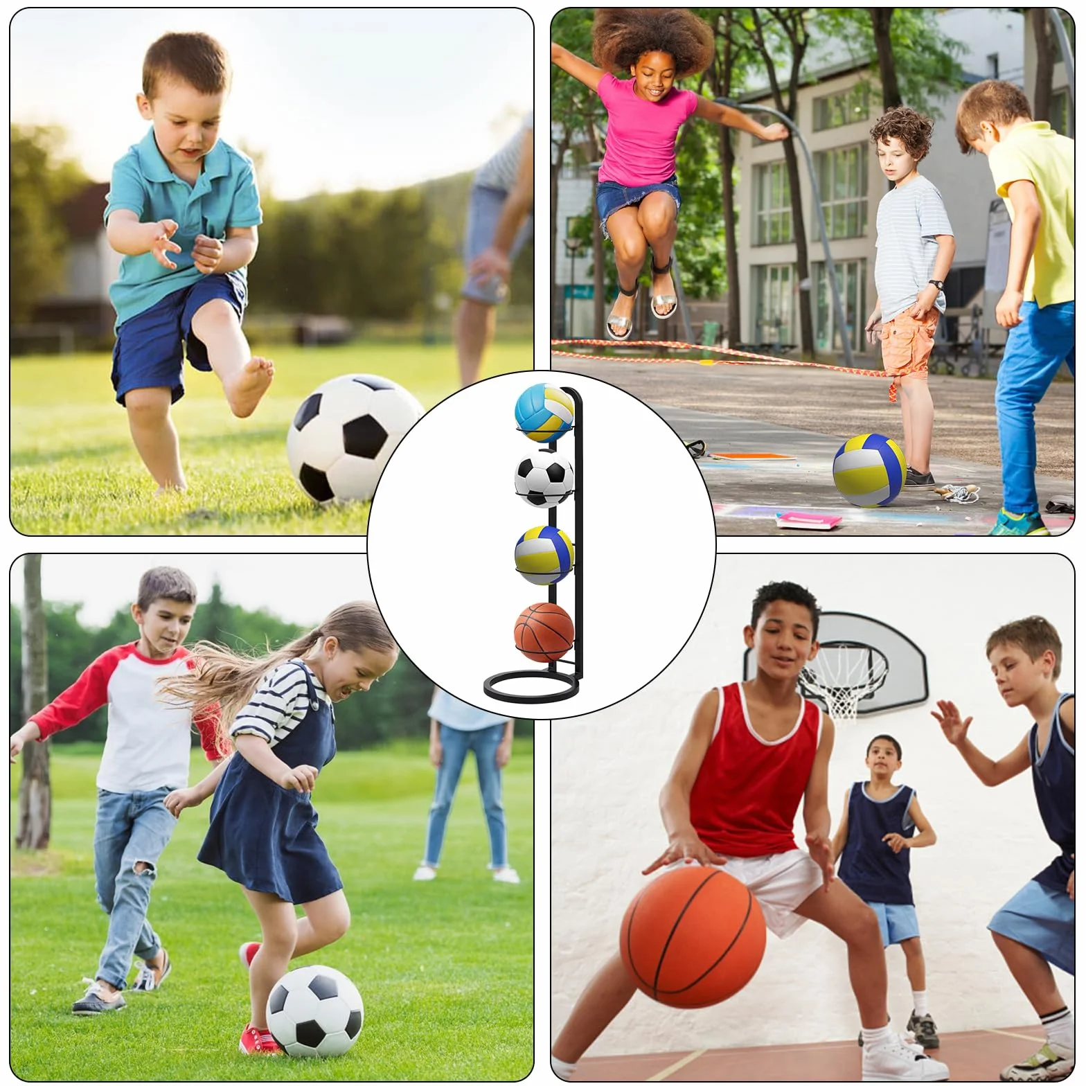 Soporte de Exhibición Vertical para Pelotas, Estante de Almacenamiento Extraíble para Baloncesto, Fútbol y Voleibol