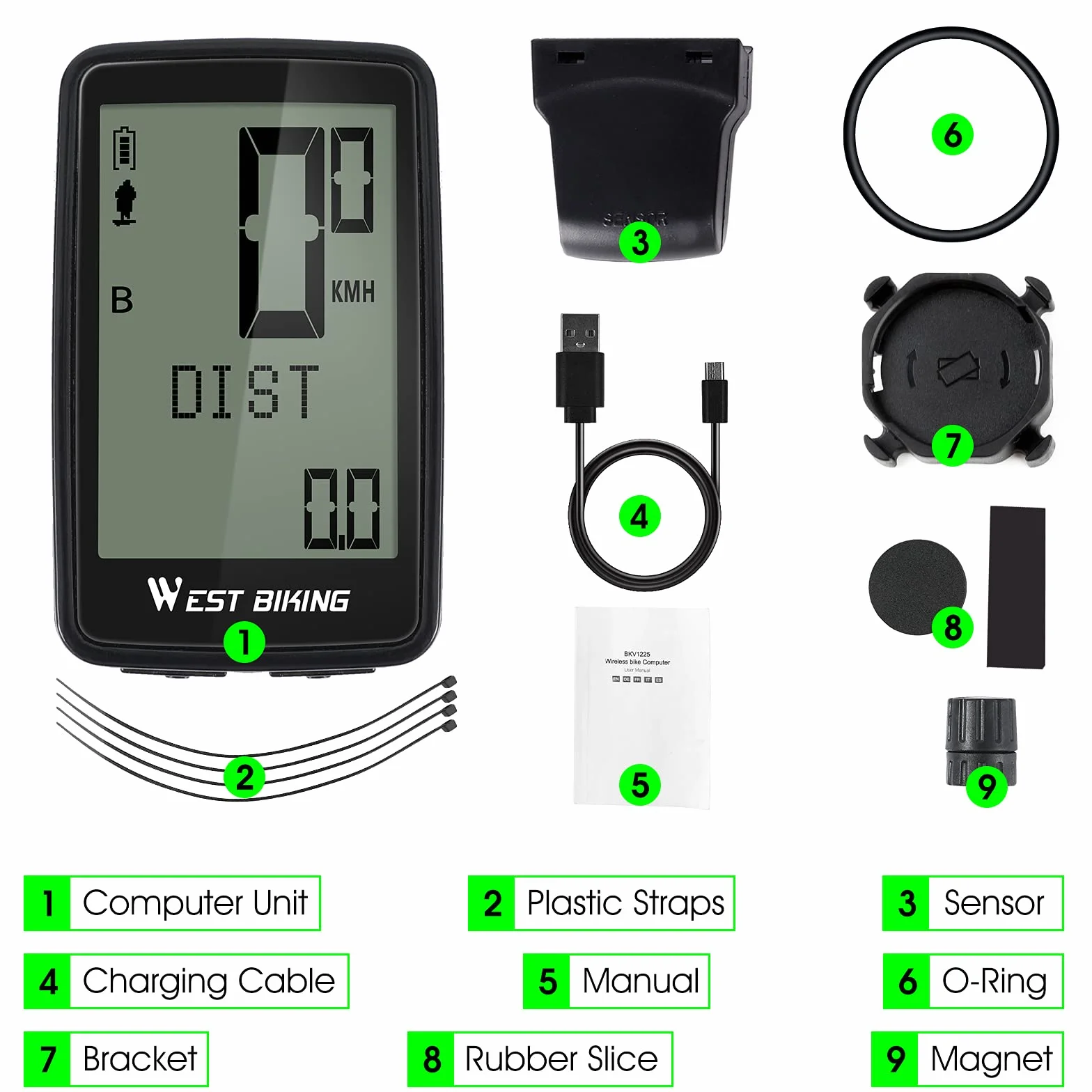 Cuenta Kilómetros Bicicleta Inalámbrico con Pantalla LCD IPX7 USB Carga Ciclocomputador