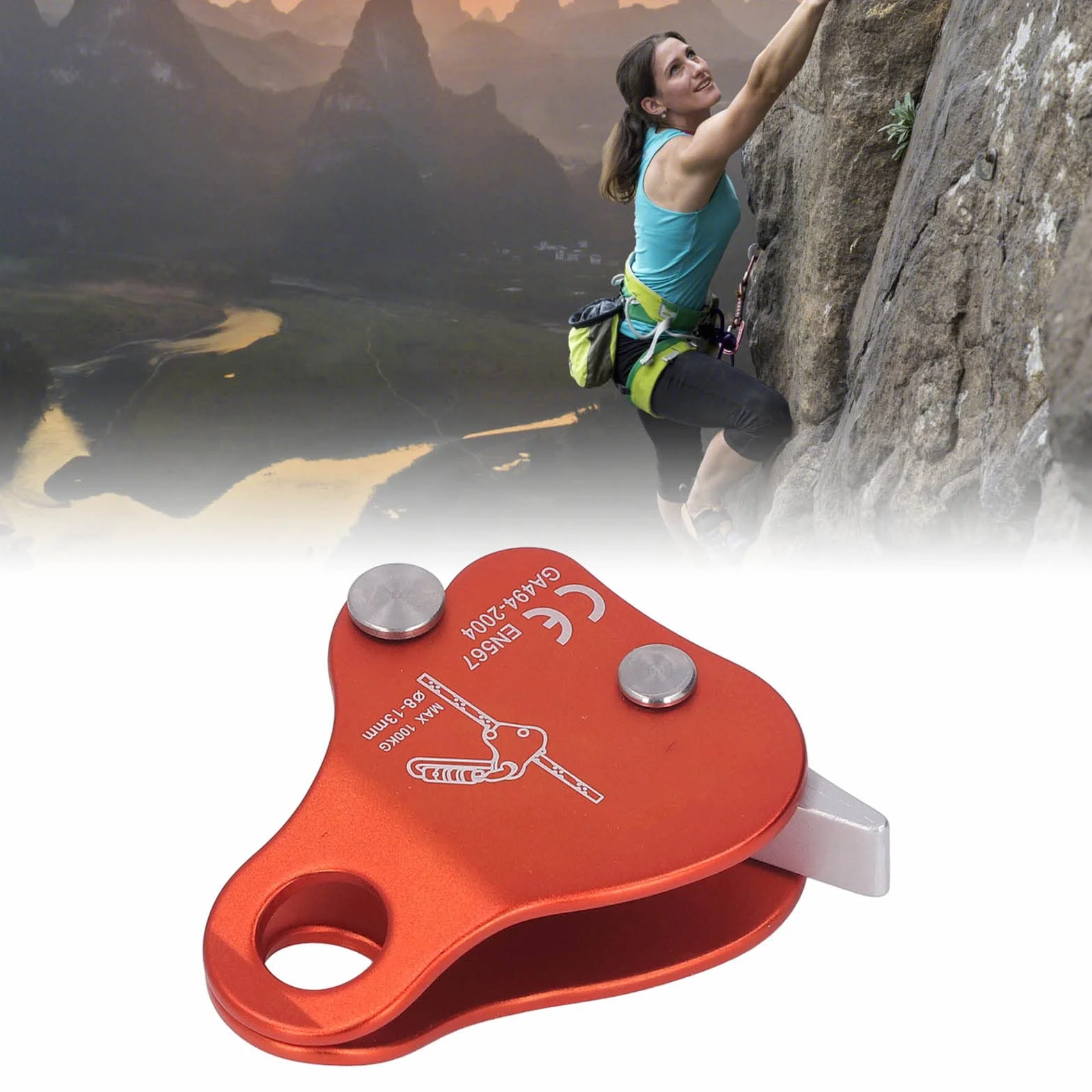 Keenso Agarre para Cuerda de Escalada Aleación de Aluminio Autoblocante 8‑13 Mm Tapón de Agarre para Cuerda de Escalada para Escalada Al Aire Montañismo (Naranja)
