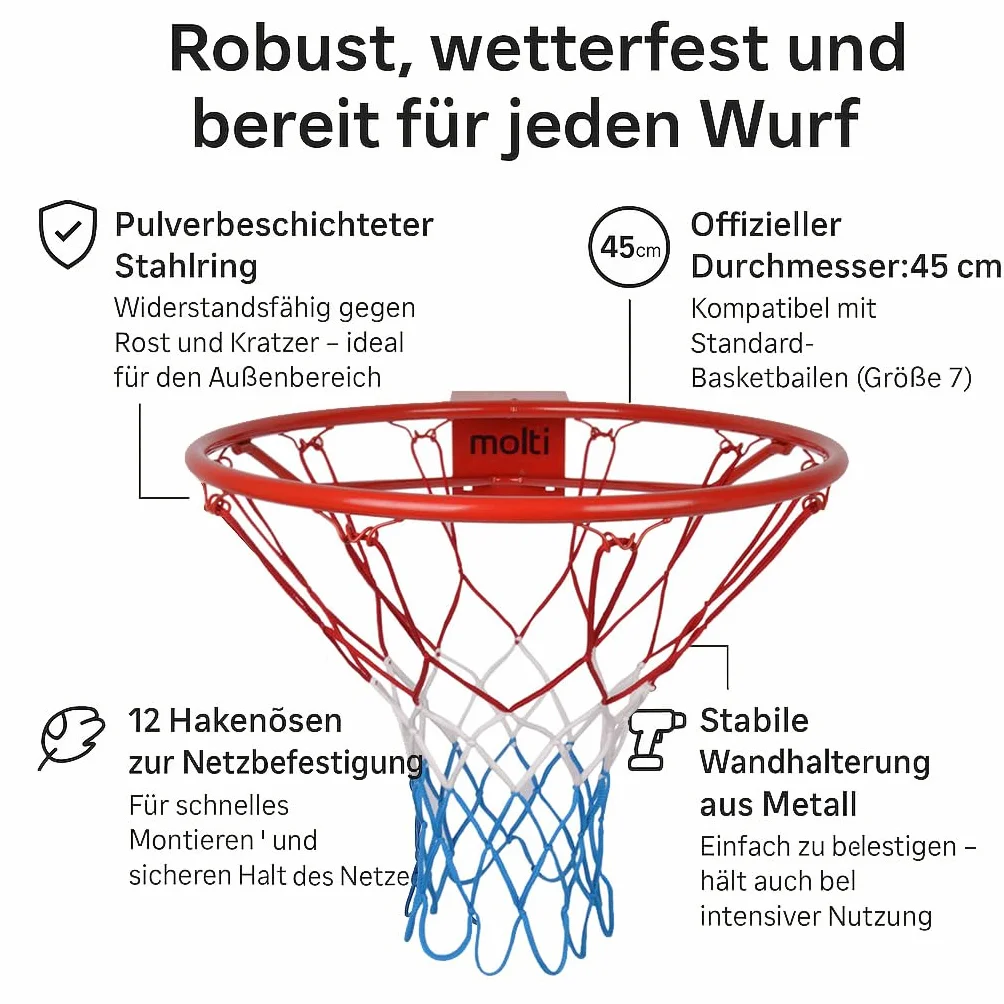 molti Canasta de baloncesto de 45 cm de diámetro, 37 cm de diámetro, anillo de baloncesto con red y tornillos de fijación para exteriores + 4 tornillos de fijación
