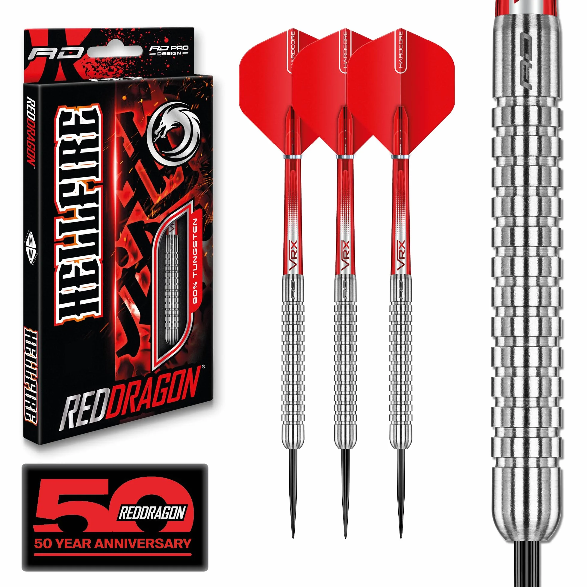 RED DRAGON Hell Fire 22g, 24g o 26g Dardos de Tungsteno de Punta de Acero con Plumas y Eje de Dardos