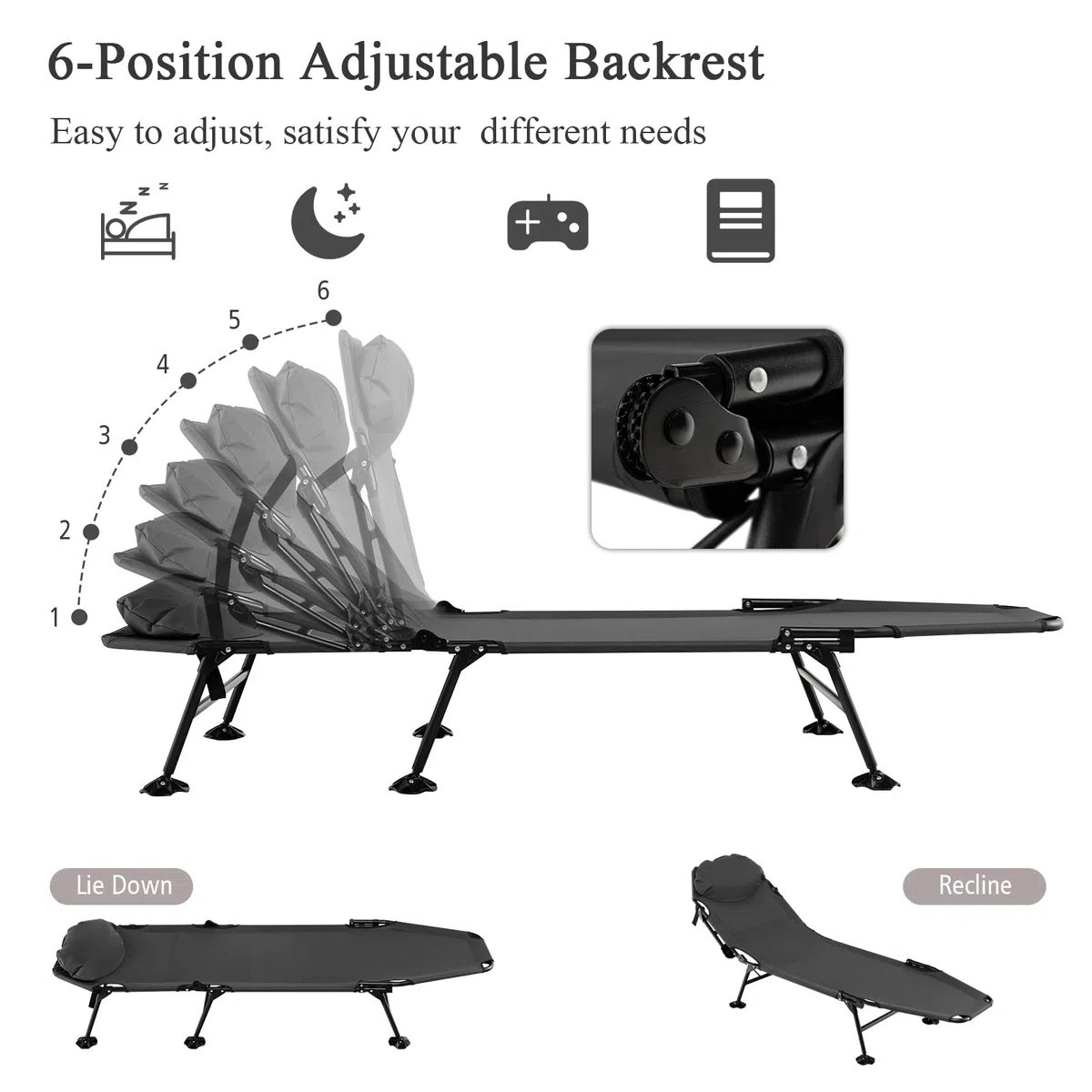 KOMFOTTEU Cama de Camping Plegable, Tumbona Portátil Reclinable de 6 Posiciones, Tumbona de Pesca con Colchón Extraíble y 6 Patas, Carga 200 kg, para Viaje, Acampar, 194 x 69 x 29 cm