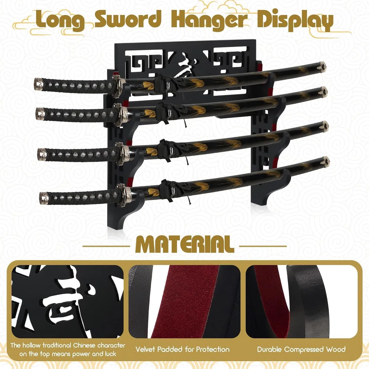 Soporte de pared para espada, soporte de exhibición, espadas acolchadas Katana Wakizashi Genji y Samurai, 4 niveles