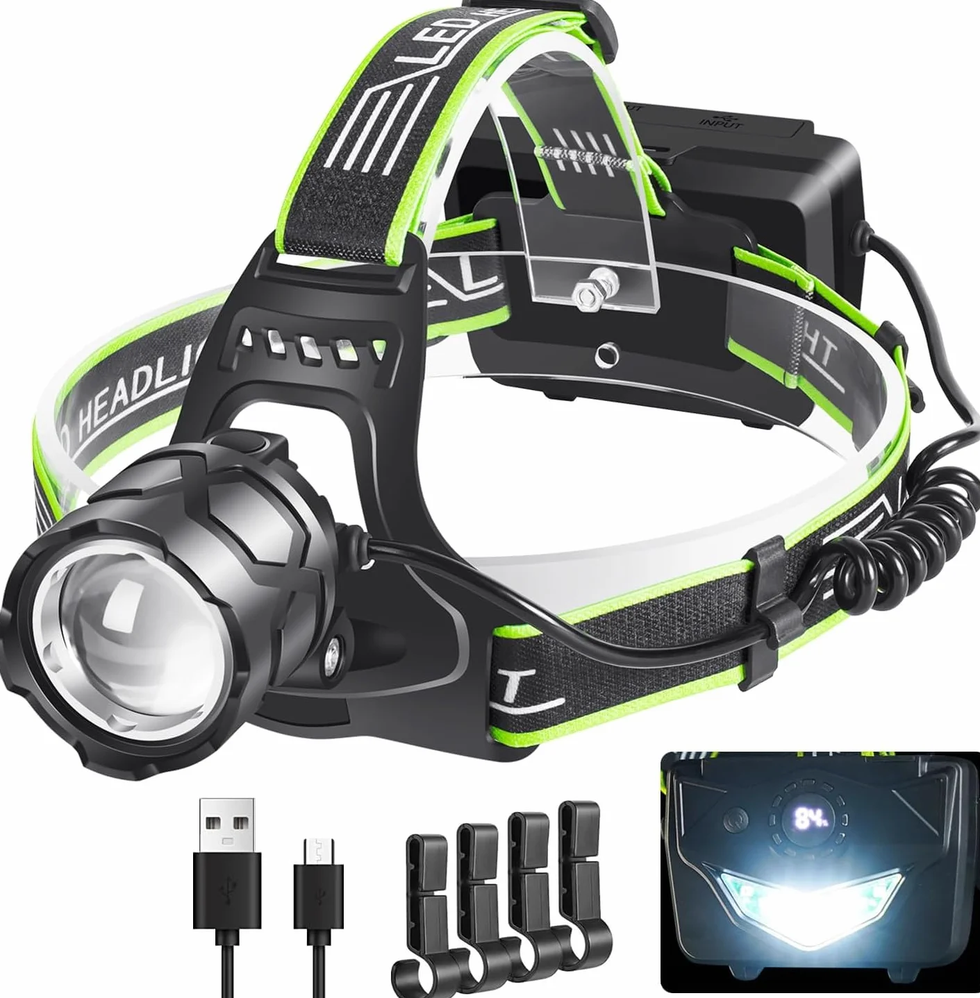 Linterna Frontal LED Recargable 90000 lúmenes 9000mAh 5 Modos 90° Ajustable para Camping y Pesca