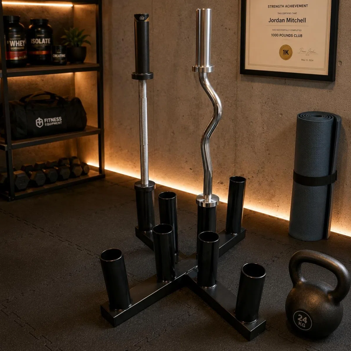Soporte para Barras Olímpicas Estante Portabarras Organizador para Pesas Soporte Vertical de Acero con 8 Huecos y Diseño Adecuado para Salas de Pesas Box de Fuerza Garaje