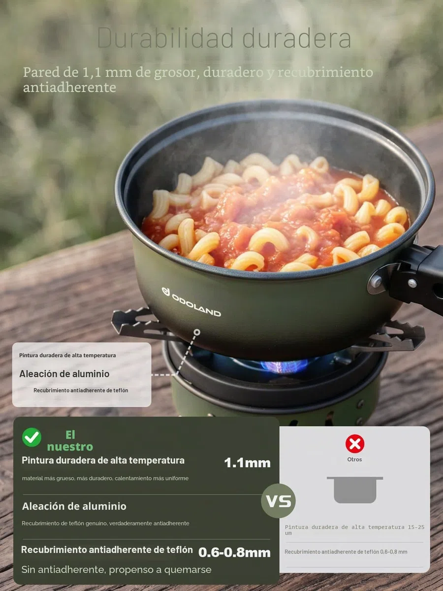 Odoland Juego de 5 Utensilios de Cocina para Camping, antiadherentes, Ligeros, con un Mango extraíble, mochileros, Camping, Senderismo y Picnic, Color Verde
