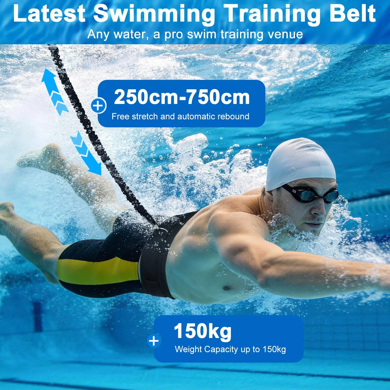 Nadathlon Cinturón de Natación Elástico 2,5-7,5M Látex Natural Acolchado Negro