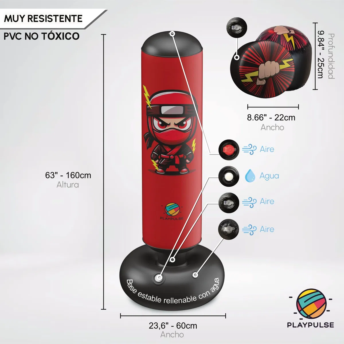 Saco de Boxeo Infantil 160CM - Punching Ball para Niños + Bomba Eléctrica + Guantes de Boxeo Inflables - 3 a 10 Años - Juguete para Exterior e Interior - Saco de Boxeo de Pie