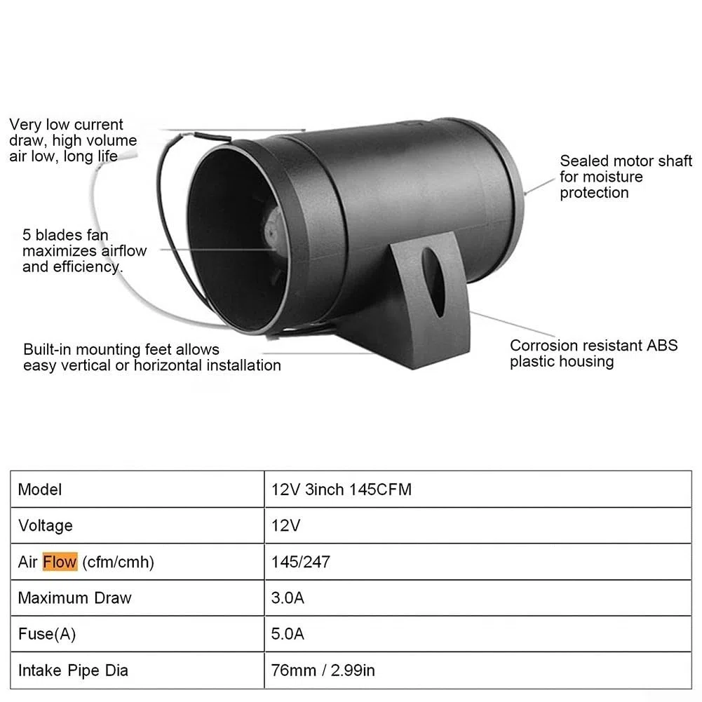 Zoegneer Ventilador de aire de escape de barco de plástico negro, soplador de cabina CC, soplador de escape marino de 12 V
