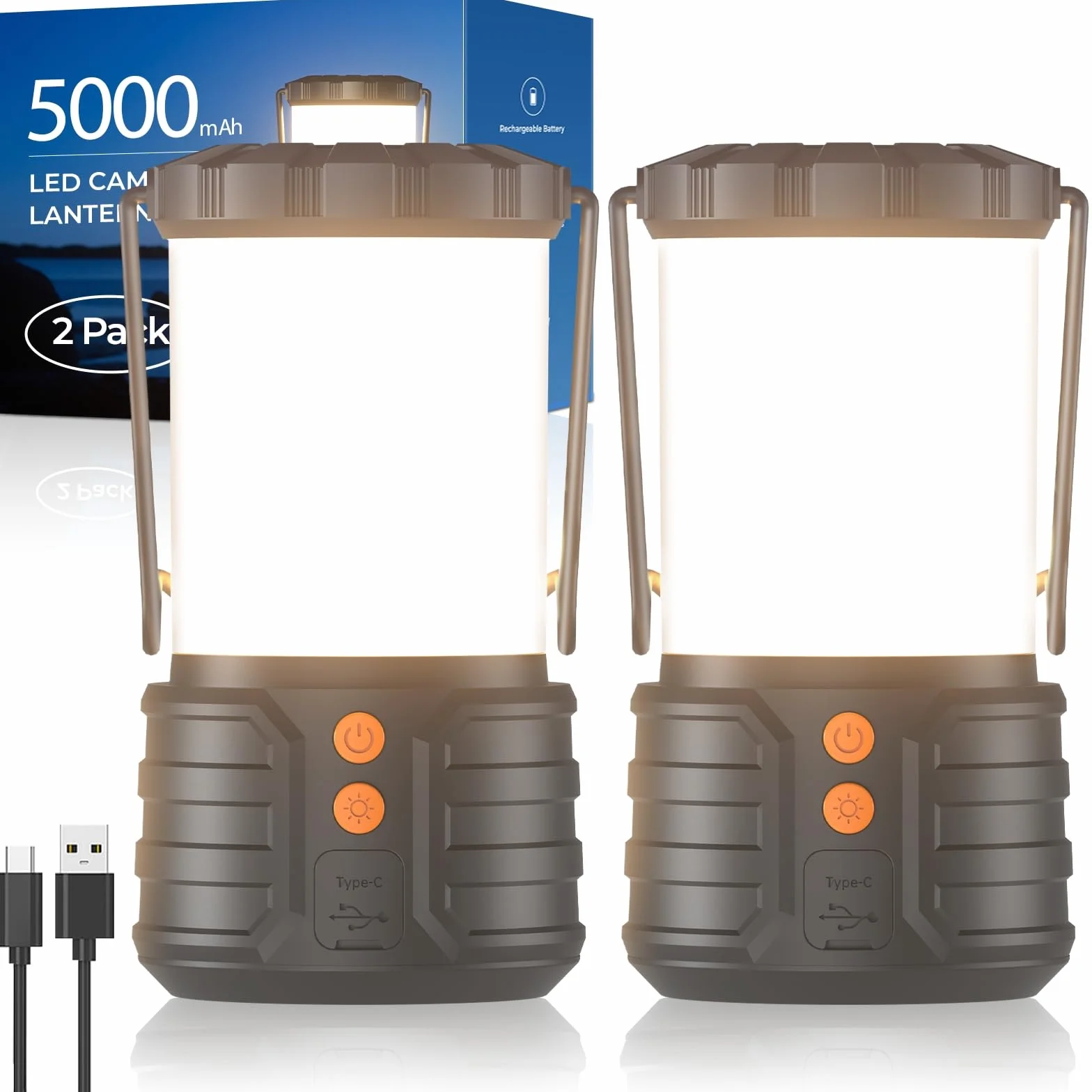 PopoIron Linternas de Camping LED 5000mAh Recargable IPX4 Paquete de 2