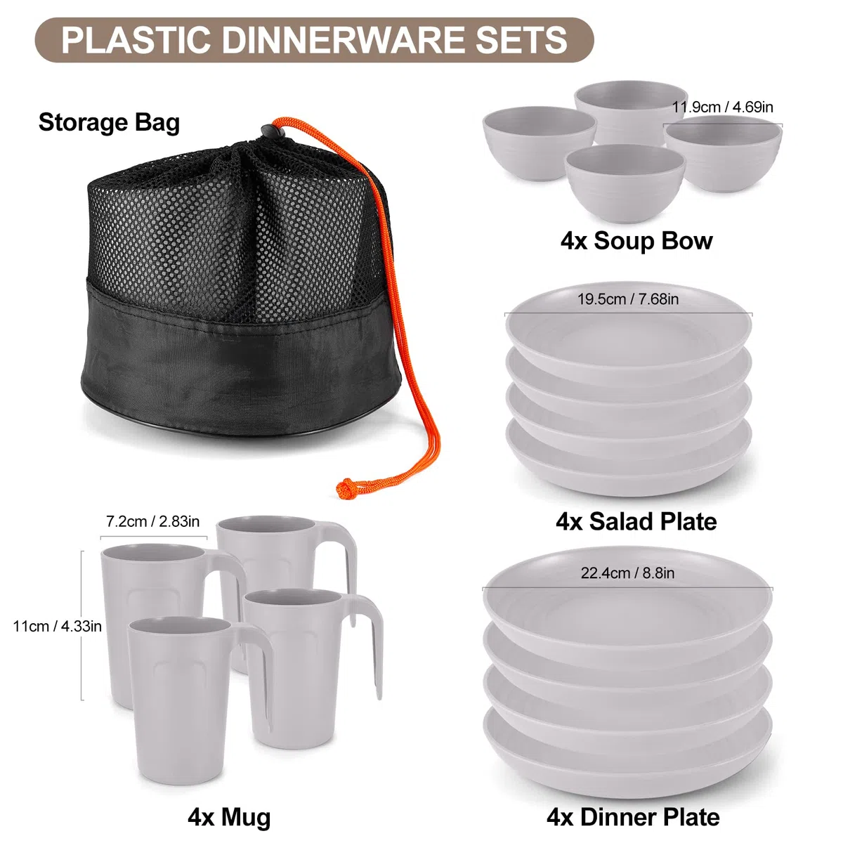 Odoland Vajilla de Camping, Set de Vajilla de Plástico 16 Piezas para 4 Personas, Ligera y Reutilizable, Gris