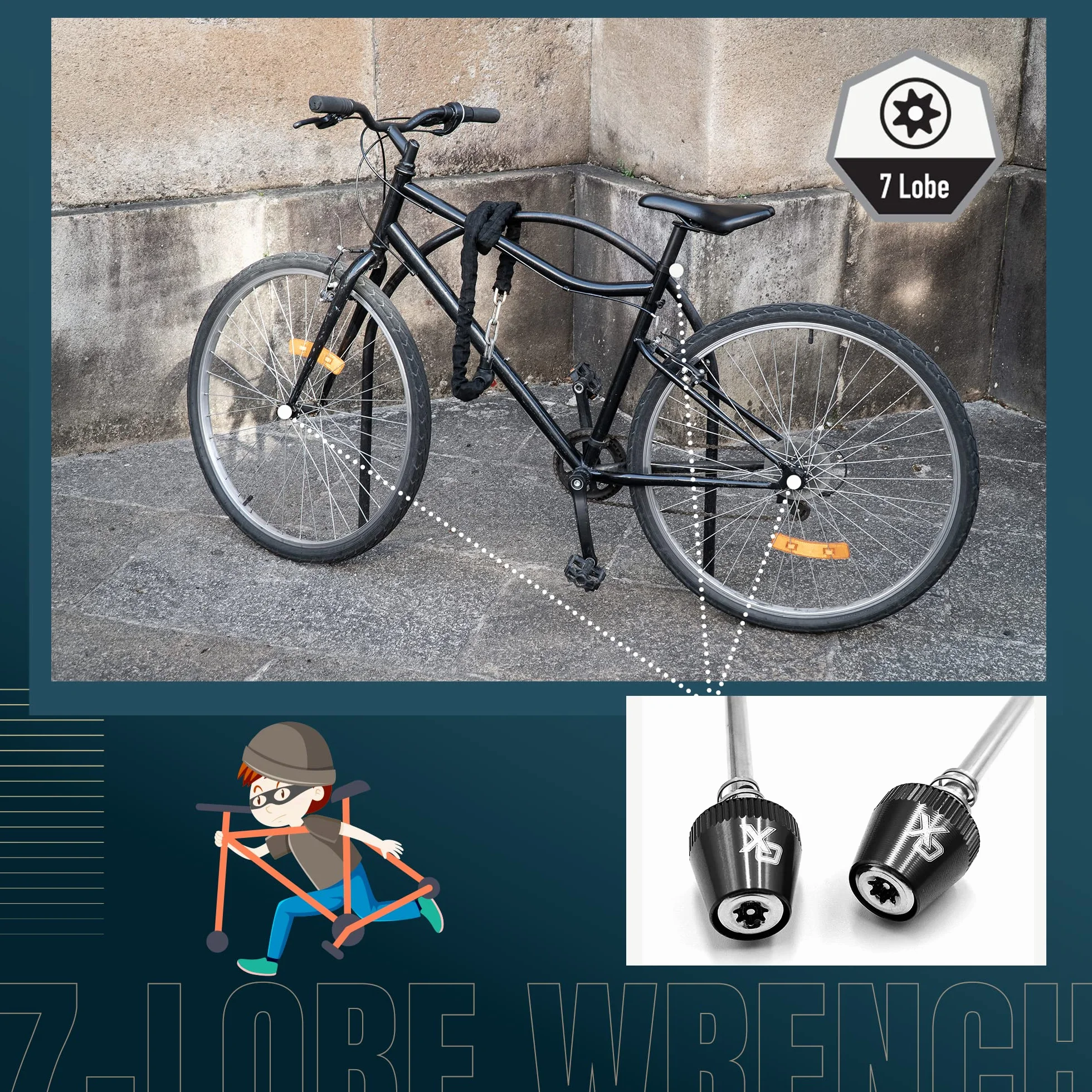 ONIPAX Kit de Cierre Antirrobo para Bicicleta Eje de 7 Lóbulos y Tornillo de Sujeción con Llave