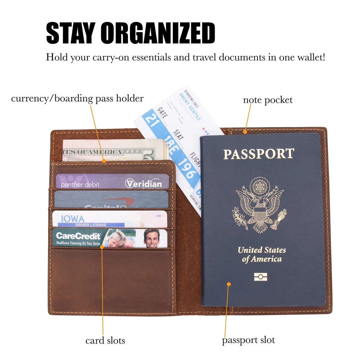 WANDERINGS Cartera de Viaje de Piel con Tarjetero para Pasaporte - 11 x 14 cm - Funda de Piel auténtica con Bloqueo RFID para Hombre y Mujer - Cartera Plegable para pasaportes