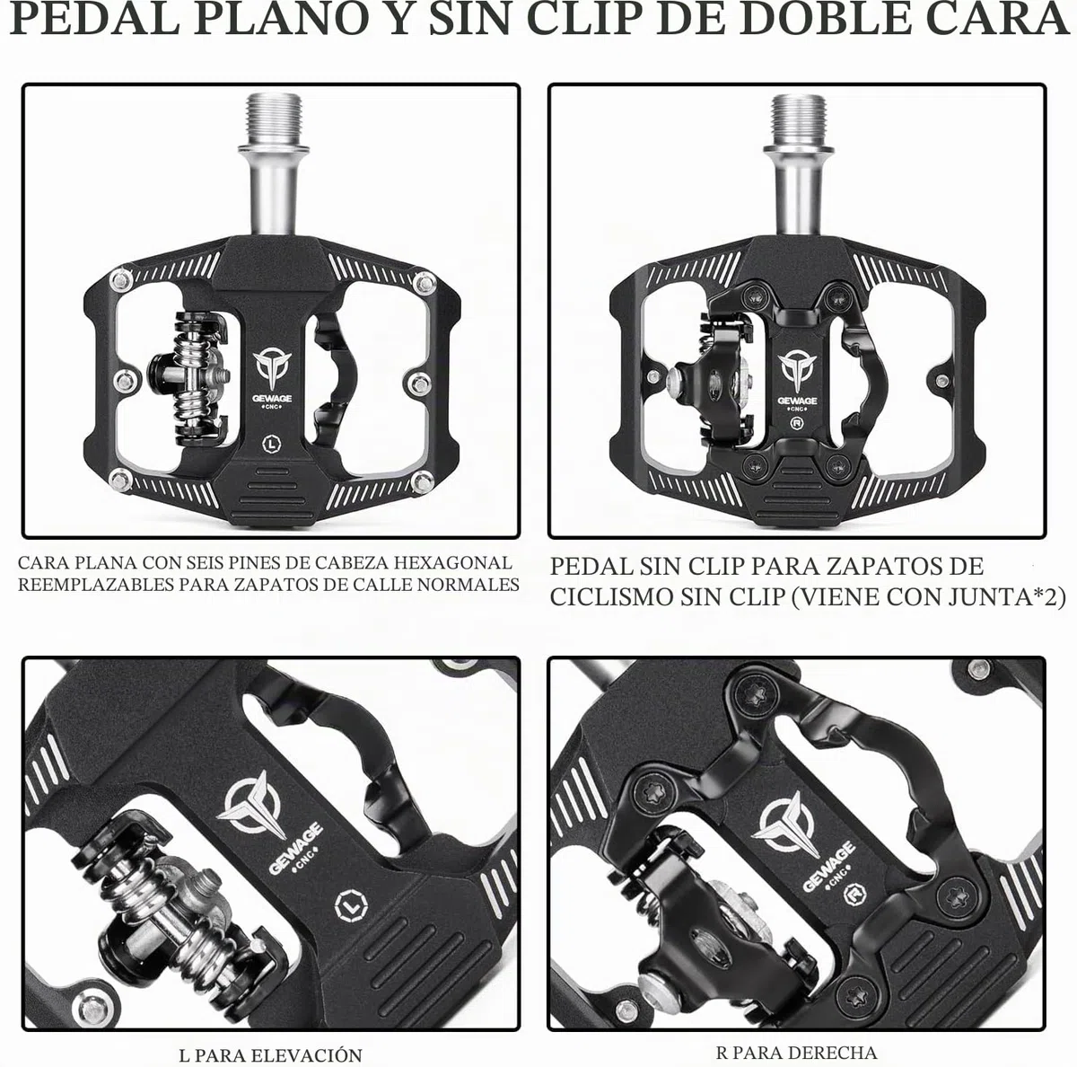 GEWAGE Pedales de Bicicleta SPD, Pedales de Bicicleta de montaña, Pedales de Dos Lados SPD, Plataforma Ancha Antideslizante con 3 rodamientos, Pedales Ligeros de Aluminio de 9/16 Pulgadas