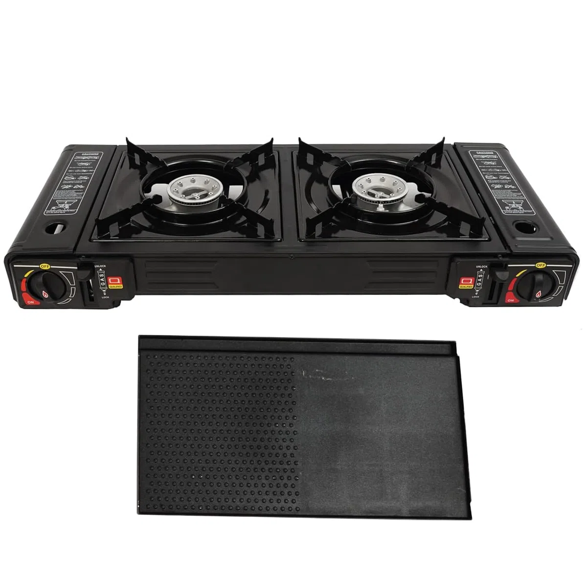 Hornillo de camping portátil de 2 quemadores de butano para exteriores, con placa para barbacoa, para picnic