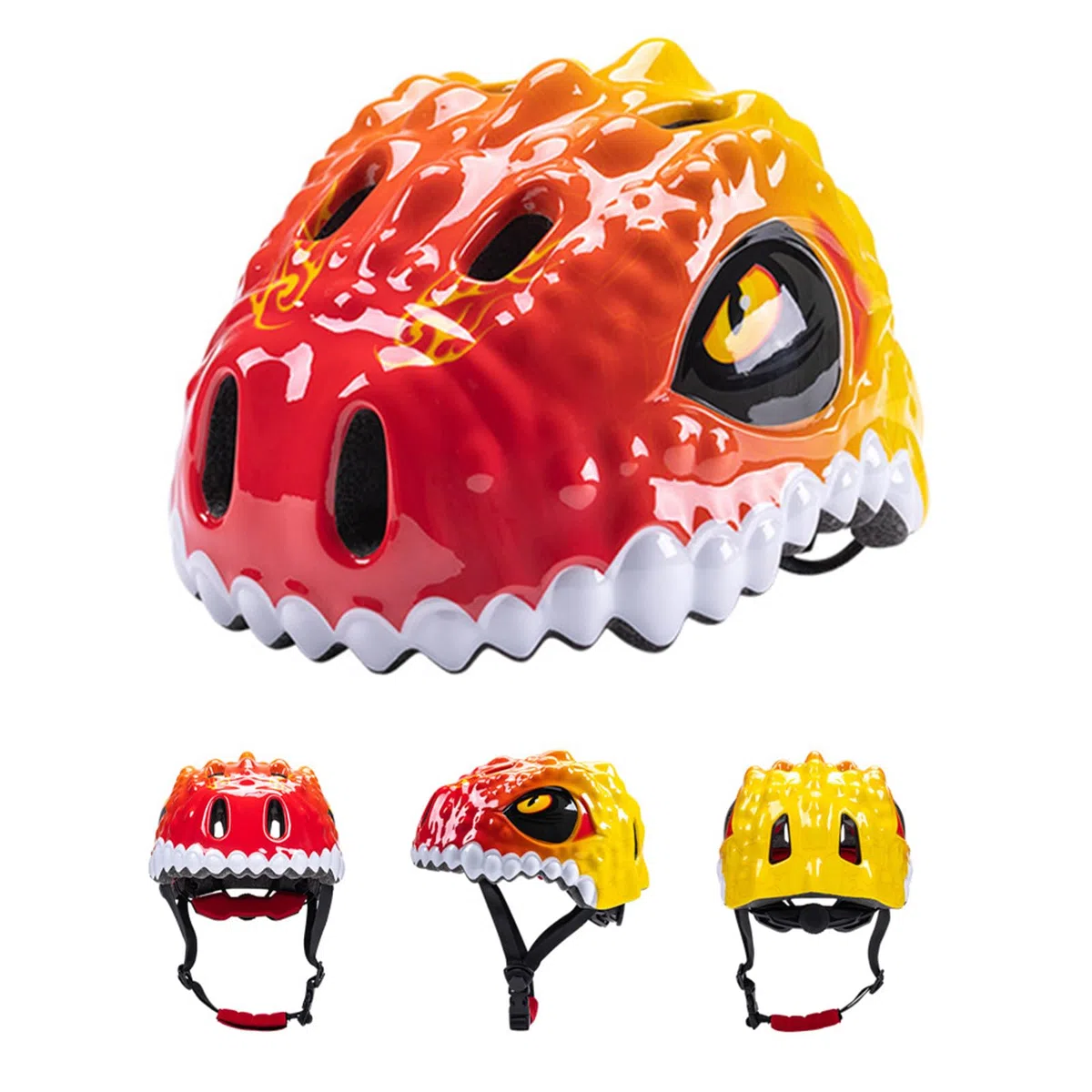 Casco de Bicicleta Ajustable, Casco Deportivo Ligero y Transpirable, Lindo Casco de Bicicleta con diseño de Dinosaurio para Bicicleta, patineta, Scooter, Patinaje (Rojo y Amarillo)