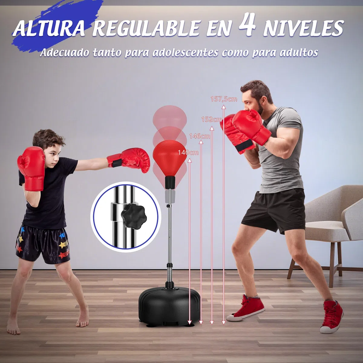 GYMAX Juego de Boxeo de Pie con Base Rellenable, 140 a 158 cm Altura Ajustable, con Guantes de Boxeo, para Adultos y Niños, para Boxeo, Kickboxing y Slivio del Estrés