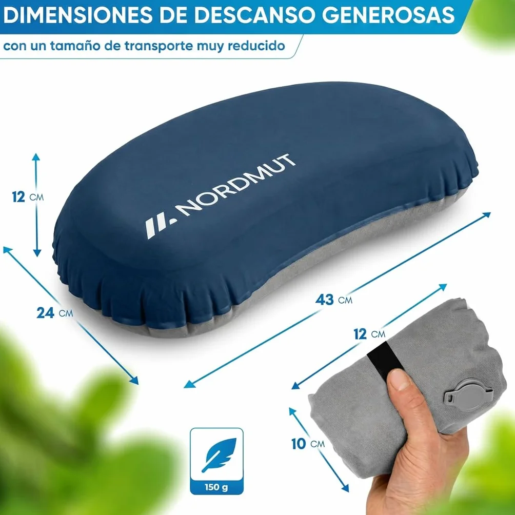 NORDMUT® Almohada de Camping Inflable [SoftSleep+] Almohada cómoda Ultraligera-pequeño tamaño – Inflable con Funda Lavable (Azul)