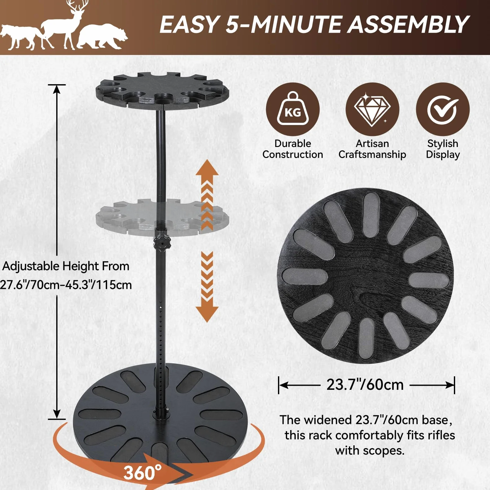 Estante giratorio de 360 grados de alta calidad, altura ajustable de 24 niveles para 12 rifles, almacenamiento seguro con madera maciza renovable y acolchado EVA, ideal para organizador
